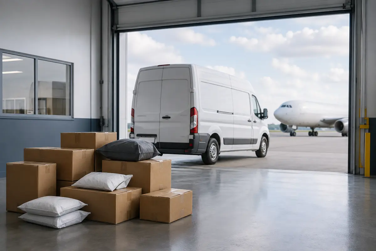 Parcels beside an unbranded courier van at an international air cargo terminal