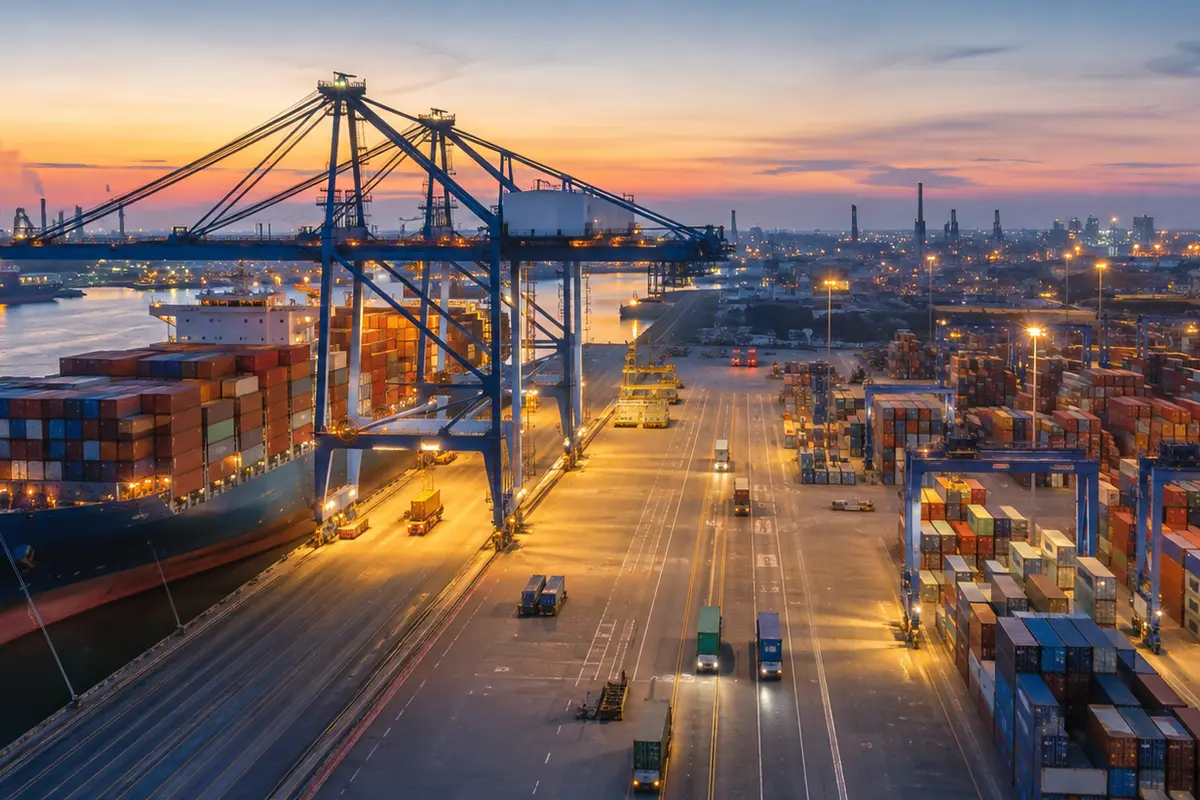 Container ship loading at an international freight terminal
