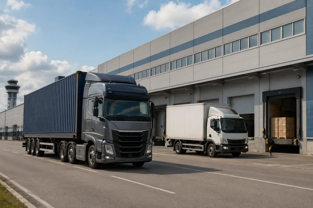 Container truck and smaller delivery vehicle at a modern international logistics hub